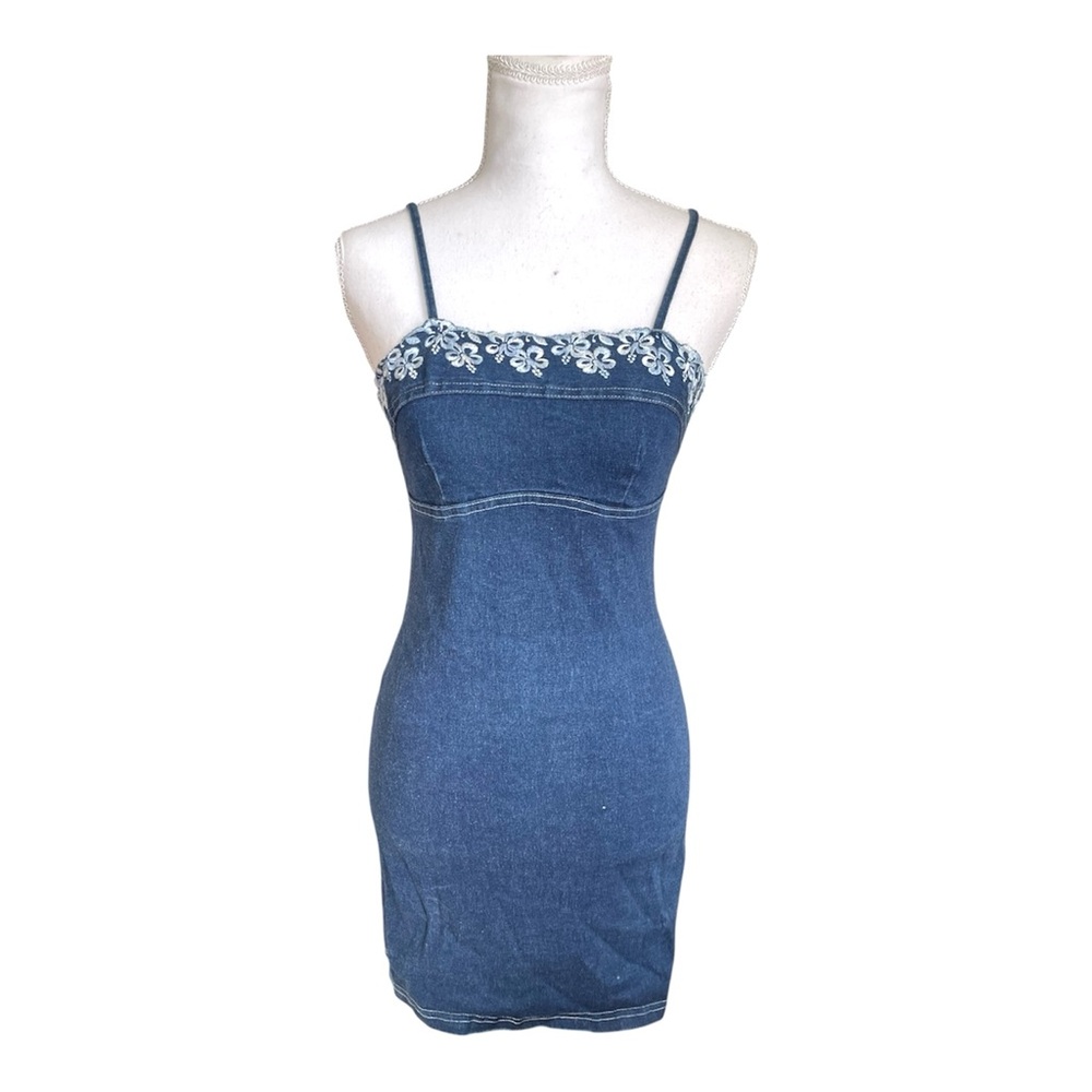 Vintage Y2k Brentwood Floral Embroidered Stretchy Denim Babydoll Mini Dress sz S